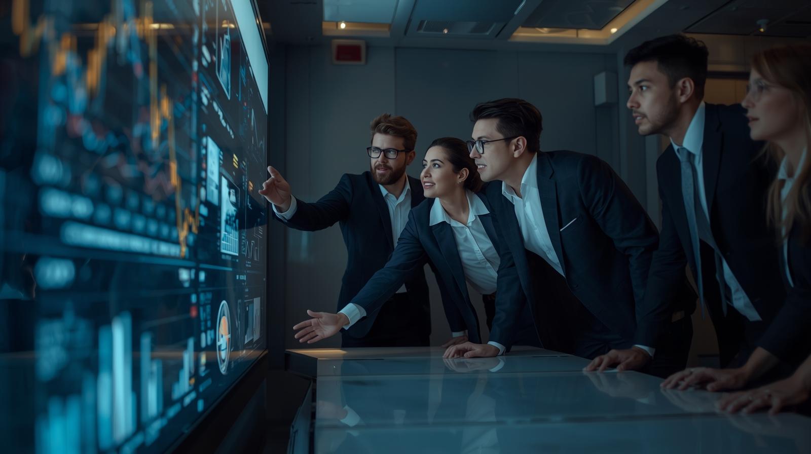 A team of professionals in business attire discussing graphs or charts on a digital screen or conference table.